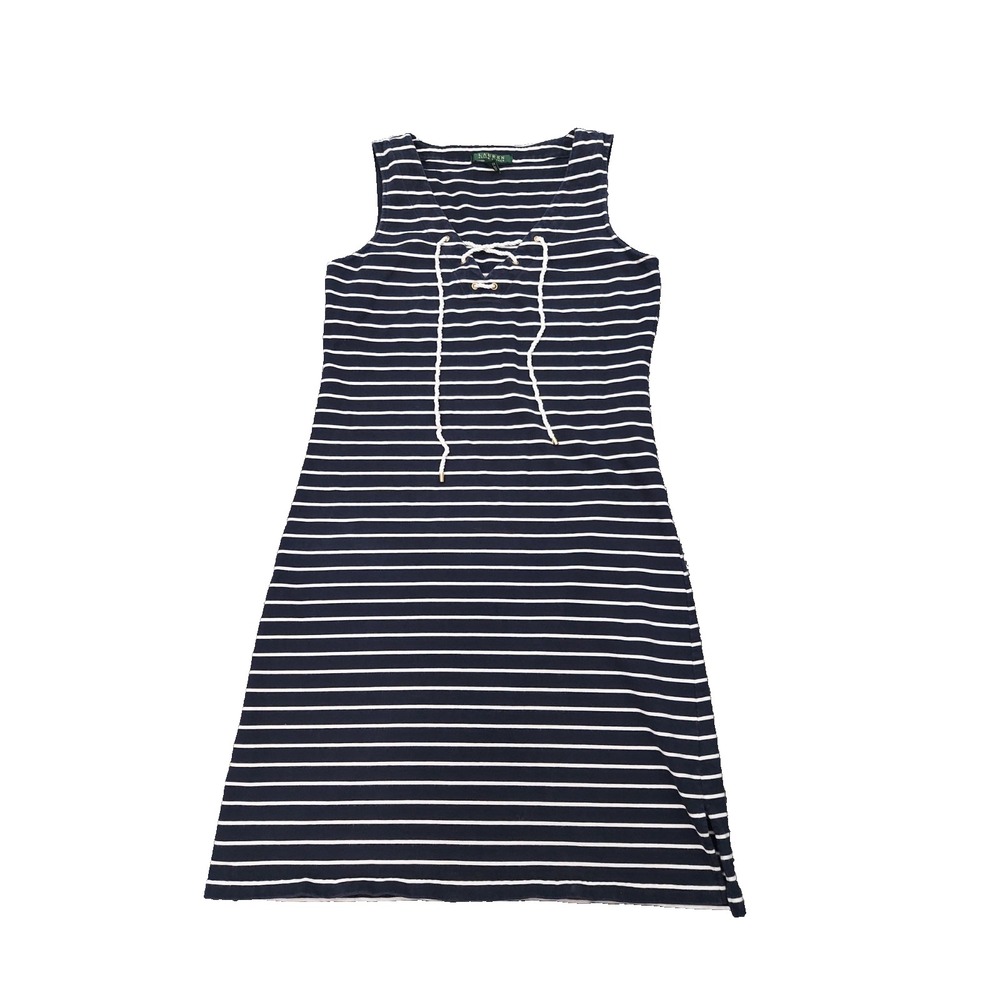 LRL RALPH LAUREN Dress Womens Medium Cotton Blue Striped Lace Up Front Tank Soft